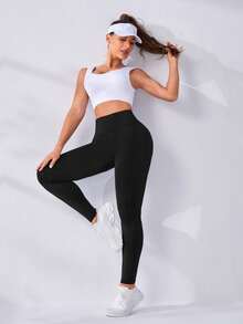 SHEIN Sports 女款运动紧身裤瑜伽裤 - 黑色 - 查看 6