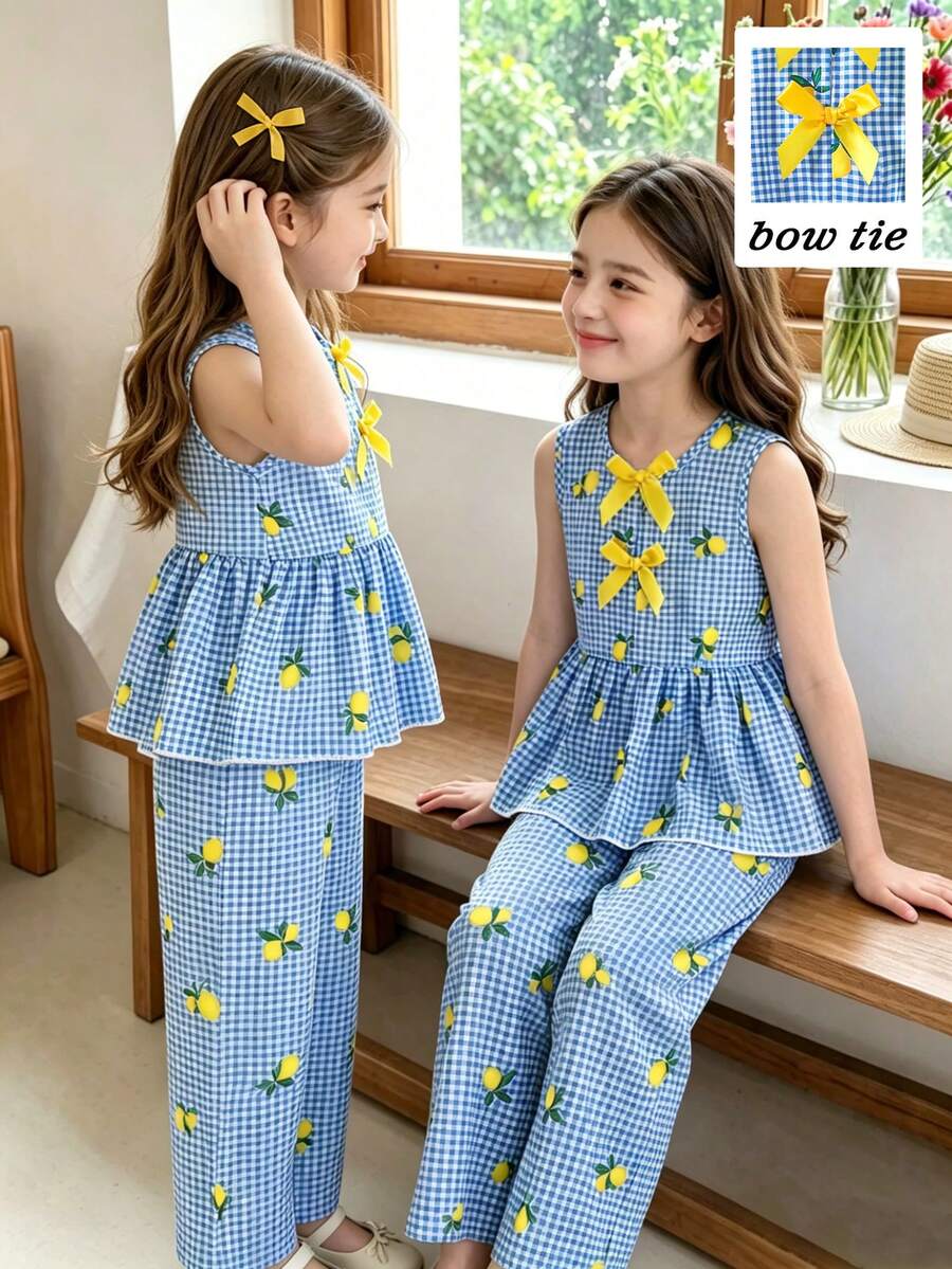 SHEIN 女童新款清新田園風精緻黃色碎花兩件套，前胸黃色緞帶3D蝴蝶結，黃色格紋與花卉數位印花圖案梭織面料，無袖圓領拼接荷葉邊下擺半開襟背心上衣，搭配梭織面料休閒時尚長褲，適合女童，可愛甜美俏皮舒適，適用日常、上學、出遊、度假、派對、節日，春夏穿搭 - 藍色 - 查看 1