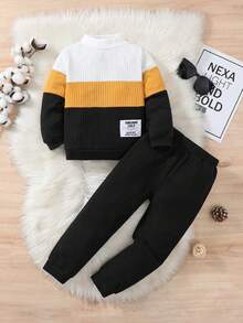 SHEIN Setelan Kasual Sehari-hari 2 Potong untuk Anak Laki-Laki: Kaos Lengan Panjang Kerah Tegak dan Celana Panjang Motif Patchwork Warna-warni - MultiWarna - View 4