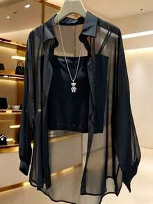 INAWLY Plus Size Women Solid Color Long Sleeve Single-Breasted Shirt - Black - View 1