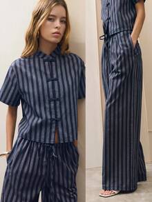 Nöista Traje estampado con cuello con volantes y cintura definida para mujer - Azul Marino - Ver 3
