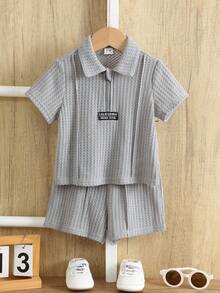 SHEIN 男嬰幼兒 2件組 春夏休閒百搭學院風灰色華夫格針織 Polo 衫套裝，嬰兒夏季服飾套裝，Squishy - 灰色 - 查看 3