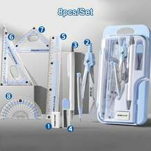 8件組簡約透明圓規與尺具套裝，精準繪圖工具，適合學生使用，適用於學校數學與幾何作業 - 顏色 - 查看 8