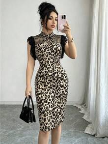 SHEIN Raffinéa 女款夏季時尚豹紋對比蕾絲修身中長洋裝 - 棕色 - 查看 5