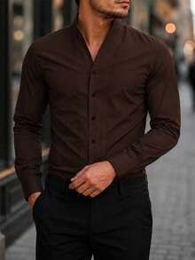 Manfinity Mode Men's Business Casual Solid Color Shirt - Brown - View 4