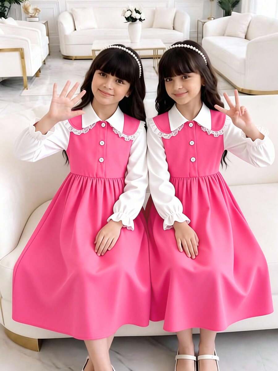 SHEIN 少女撞色甜美学院风新款连衣裙,二合一设计,梭织面料白色领子拼接粉色长袖连衣裙 - 粉色 - 查看 1