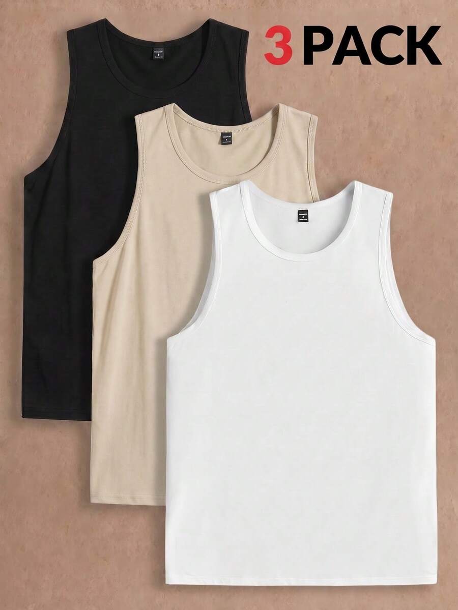 Manfinity VCAY 3pcs/Pack Men's Casual Knit Sleeveless Solid Color Tank Tops, Suitable For Daily Wear - Multicolor - View 1
