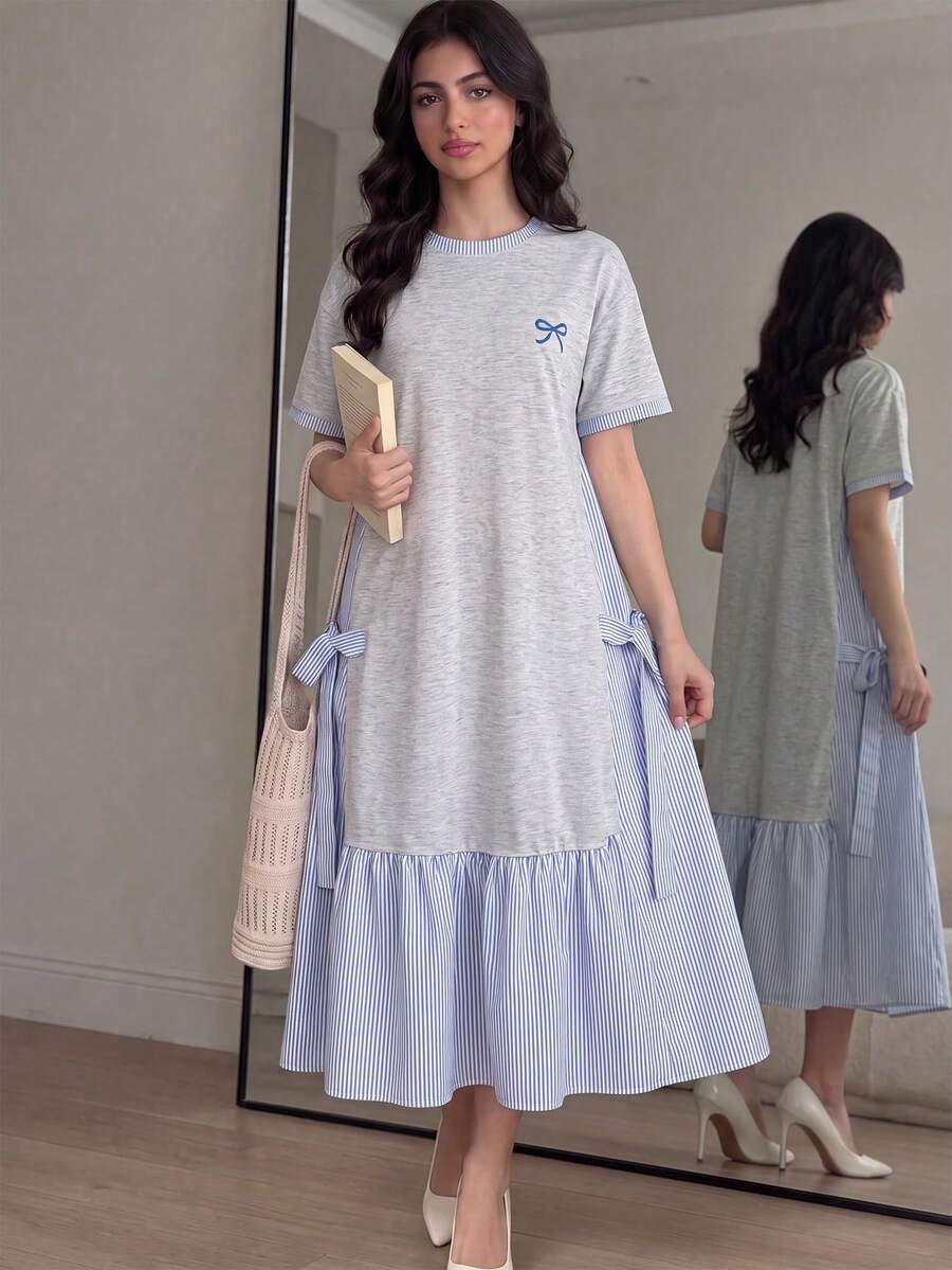 SHEIN 青少年女孩波點拼接撞色短袖中長洋裝,適合青少年女孩,適用於學校、戶外活動、購物,鈕扣開襟洋裝 - 藍色 - 查看 1
