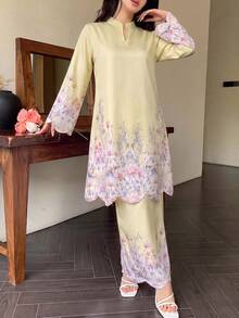 Modelyn Spring/Summer Women's V-Neck Embroidered Fashion Loose 2 Pieces Set - Yellow - View 4