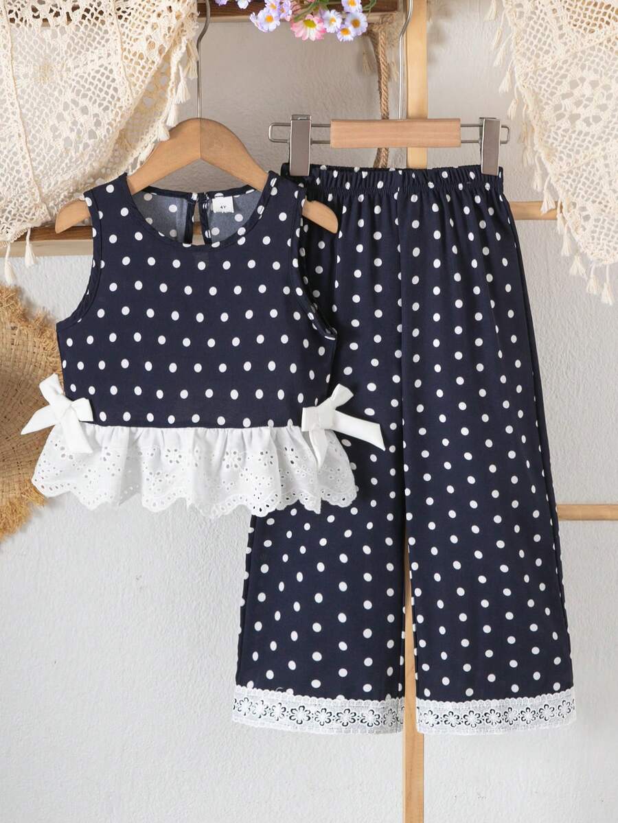 SHEIN Genkimix Kids 少女蝴蝶結背心套裝,休閒可愛學院風,復古寬鬆波點設計,適合夏季返校、戶外運動與日常穿著,舒適穿搭 - 彩色 - 查看 1