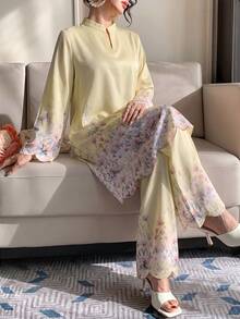 Modelyn Spring/Summer Women's V-Neck Embroidered Fashion Loose 2 Pieces Set - Yellow - View 3