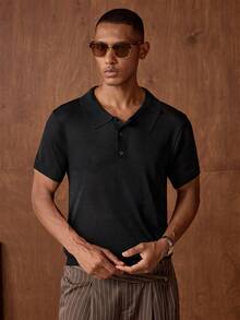 AKNOTIC 男士針織時尚休閒短袖彈性修身正肩 Polo 衫，高爾夫球衫，適合夏季、度假、日常穿著、派對、情侶穿搭，男士禮物 - 黑色 - 查看 4
