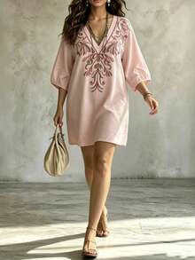 Linhara CURVE Plus Size Women's Deep V-Neck Floral Print Casual Daily Blouse Fall - Pink - View 4