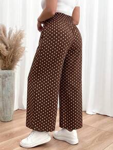 SHEIN Essnce Plus Size Women's Spring/Summer Fashion Casual Loose Comfortable Daily All-Match Versatile Polka Dot Elastic Waist Wide Leg Pants, Women's Bottoms, Comfortable Pants, Autumn , Minimalist Style - Brown - View 3