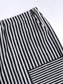 SHEIN LUNE CURVE 女款大尺碼條紋拼接開衩褲腳抽繩腰短版寬腿褲 秋季海灘正式黑白休閒西式 - 黑與白 - 查看 7