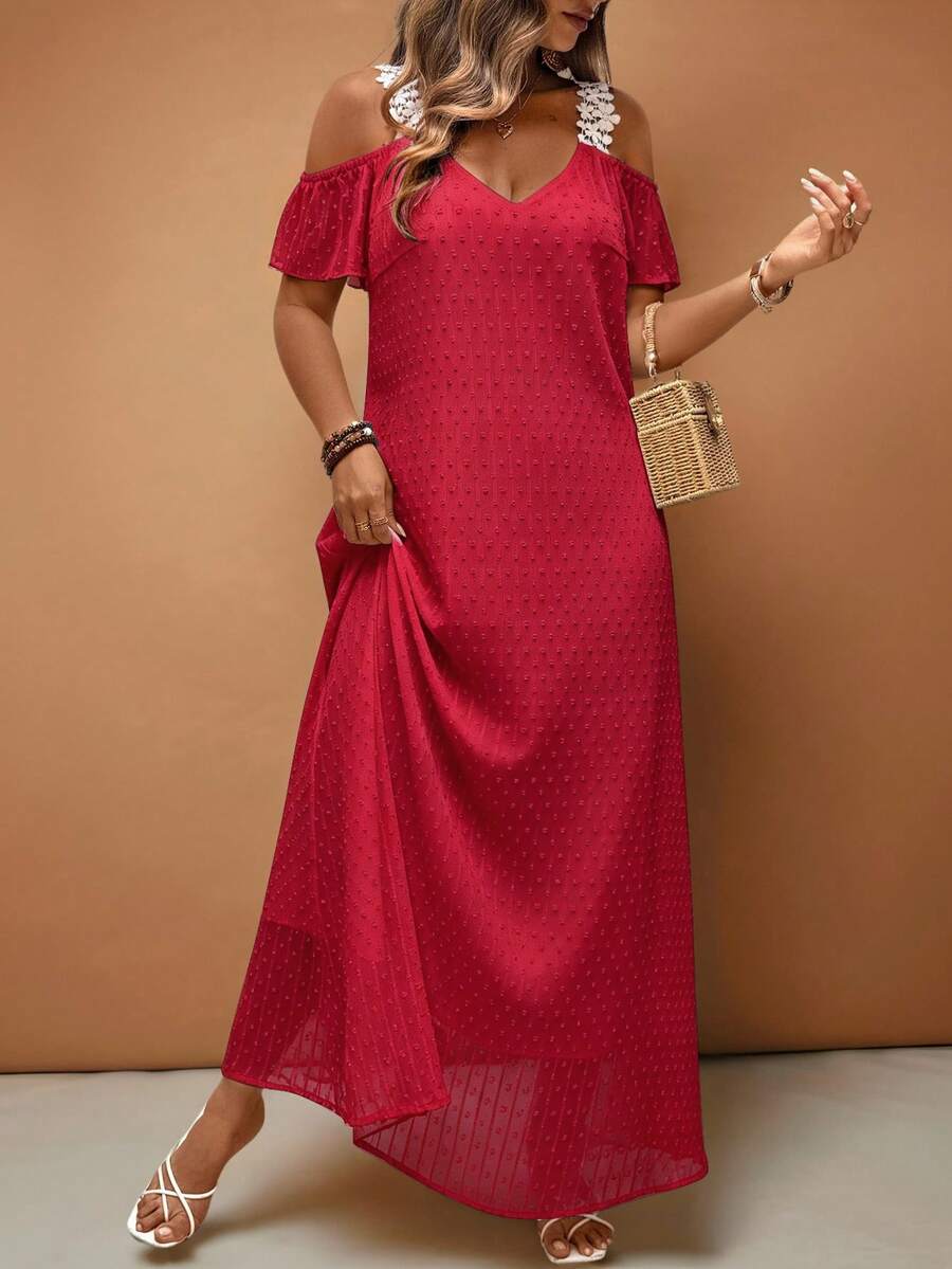 SHEIN LUNE CURVE Plus Size Spring/Summer Casual Vacation Elegant Commute Lace Trim Solid Color French A-Line Dress - Burgundy - View 1