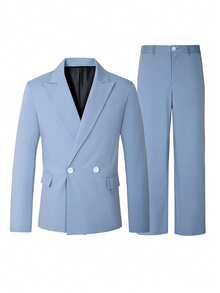 HUEFORM Men's Solid Color Peak Lapel Casual Suit Jacket And Pants Set - Blue - View 5