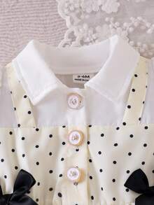 SHEIN Playful Pals 嬰兒長袖領口拼接淺黃色波點收腰蝴蝶結裝飾 2合1 初秋休閒時尚女嬰洋裝 - 白色 - 查看 6