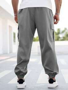 Manfinity Homme Pantalones cargo casuales con cordón en la cintura y gráfico de letras para hombres de talla grande - Gris - Ver 2