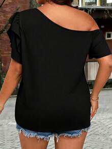 GlowEve CURVE Plus Size Solid Color Ruffle Cuff Asymmetrical Shoulder Sexy T-Shirt, Fashionable And Versatile - Black - View 2