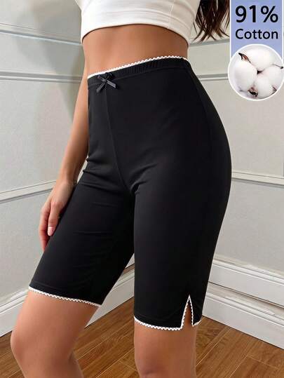 SHEIN Quần legging 3/4 màu đen trơn cho bé gái, cạp cao ôm sát, vải co giãn thân thiện với da, cạp ren trang trí nơ đen, gấu ren xẻ tà đính nơ trang trí, quần dài vừa mùa hè phong cách thường ngày đi học đi làm
