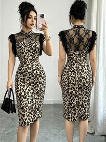 SHEIN Raffinéa 女款夏季時尚豹紋對比蕾絲修身中長洋裝 - 棕色 - 查看 1