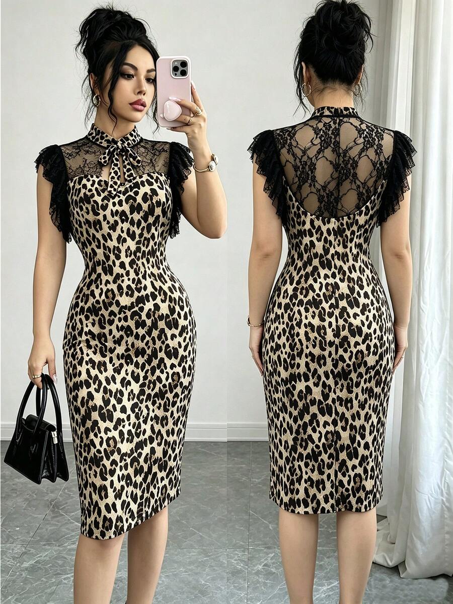SHEIN Raffinéa 女款夏季時尚豹紋對比蕾絲修身中長洋裝 - 棕色 - 查看 1