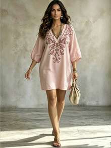 Linhara CURVE Plus Size Women's Deep V-Neck Floral Print Casual Daily Blouse Fall - Pink - View 6