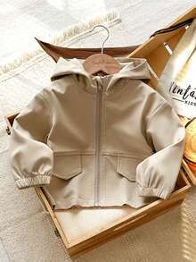 SHEIN 1pc Baby Boy Autumn Light Grey Solid Color Casual Modest Western Hooded Zip-Up Long Sleeve Jacket Outerwear With Pockets, Loose Fit, Comfortable - Khaki - View 2