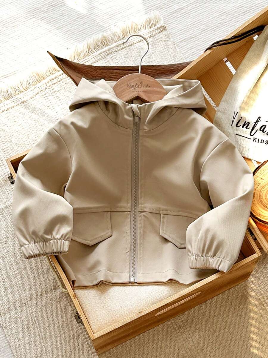 SHEIN 1pc Baby Boy Autumn Light Grey Solid Color Casual Modest Western Hooded Zip-Up Long Sleeve Jacket Outerwear With Pockets, Loose Fit, Comfortable