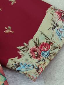 Linhara CURVE 女款大尺碼波希米亞風拼接碎花V領蕾絲飾邊上衣，拼色3/4袖修身顯瘦荷葉邊下擺，寬鬆休閒通勤正式款 - 酒紅色 - 查看 5