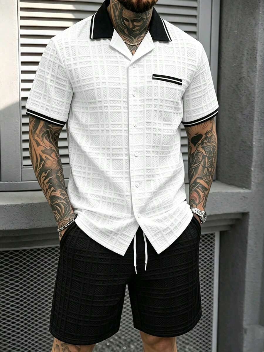 Manfinity CasualCool 男士黑白配色拼接襯衫短褲休閒套裝,度假夏季款 - 黑與白 - 查看 1