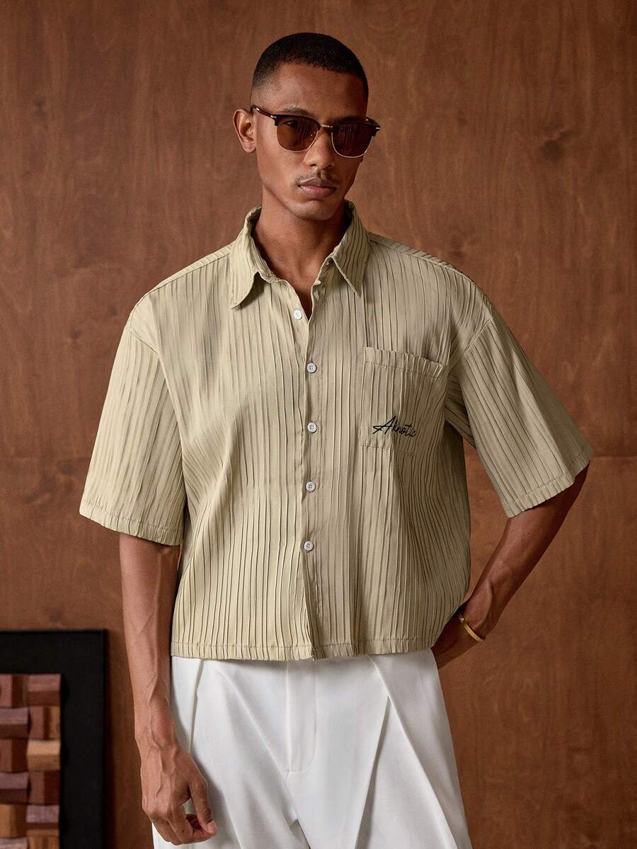 AKNOTIC Men's Summer Casual Letter Embroidered Short Sleeve Shirt - Apricot - View 1