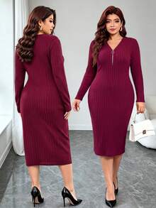 SHEIN LUNE CURVE Plus Size Fashion Zipper V-Neck Slimming Bodycon Dress For Date, Gathering, Commute And Street Wear Fall - Red - View 6