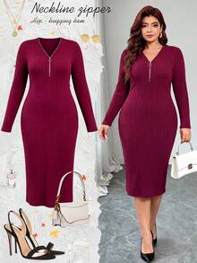 SHEIN LUNE CURVE Plus Size Fashion Zipper V-Neck Slimming Bodycon Dress For Date, Gathering, Commute And Street Wear Fall - Red - View 8