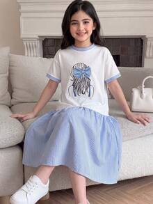 SHEIN 青少年女孩肖像印花學院風拼接洋裝，返校季 - 藍色 - 查看 7