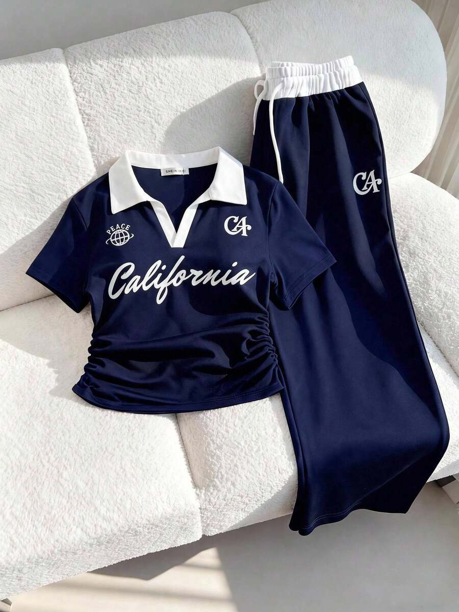 Casuvi Kids 青少年女孩休閒運動套裝,配色拼接 Polo 領小刺繡百褶腰短袖上衣,搭配寬腿垂墜長褲 - 藏蓝色 - 查看 1