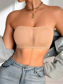 SHEIN 1件裝 女款黑色無肩帶抹胸內衣 網布拼接設計 - 卡其色 - 查看 8