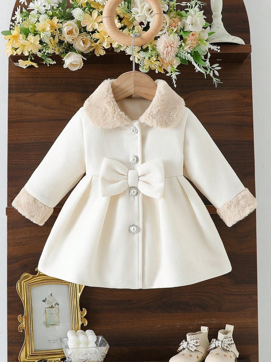 SHEIN 女婴休闲毛绒拼布夹克,秋冬 - 米色 - 查看 1