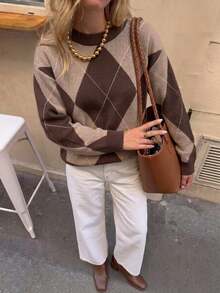 Muvela Women's Casual  Brown Colorblock Argyle Sweater, Autumn/Winter Brunch Going Out Top Casualfour Seasonsautumn Back Toschool Work Festival - Multicolor - View 7