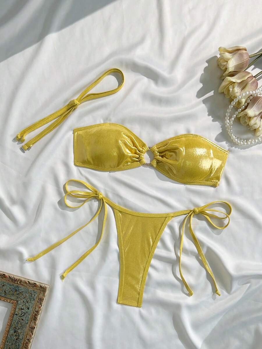 SHEIN Swim 2 件套纯色夏季新款铝箔面料略带衬垫黄色比基尼上衣和侧系带丁字裤 - 金色 - 查看 1