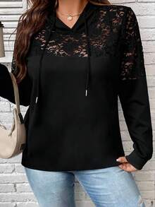 SHEIN CURVE+ Plus Size Women's Drawstring Hooded Lace Casual Versatile Daily Long Sleeve Sweatshirt Fall - Black - View 1