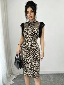 SHEIN Raffinéa 女款夏季時尚豹紋對比蕾絲修身中長洋裝 - 棕色 - 查看 3