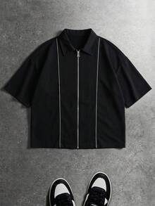 PAVTROS Men's Plus Size Solid Color Short Sleeve Zipper Placket Casual Shirt - Black - View 3