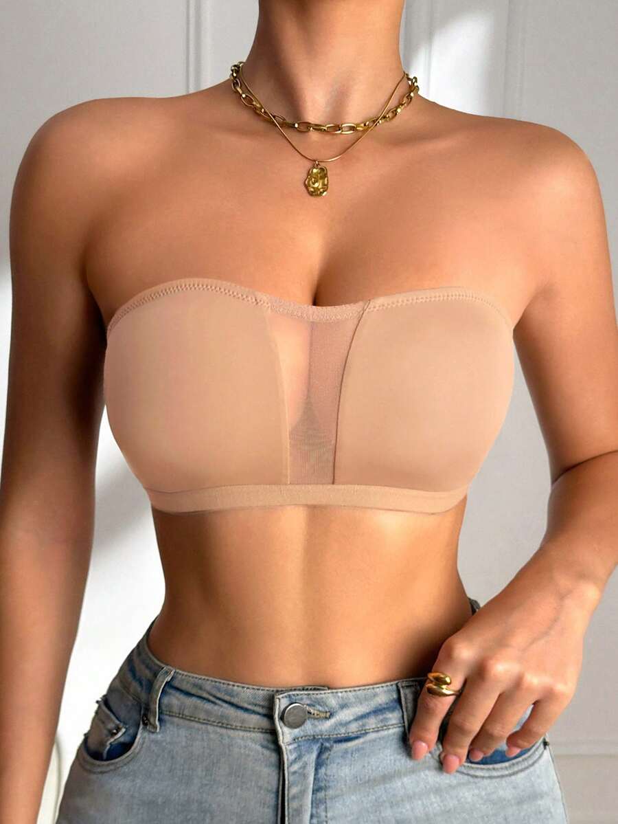 SHEIN 1件裝 女款黑色無肩帶抹胸內衣 網布拼接設計 - 卡其色 - 查看 1