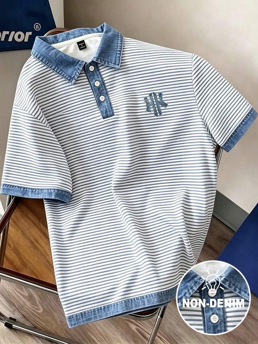 Manfinity Joysei 男士復古對比色丹寧領條紋 Polo 衫,休閒橫條紋短袖 Polo 衫 - 彩色 - 查看 1