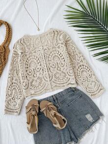 SHEIN Tween Girl Tween Girl Tween Girls Sweaters, Spring/Autumn Long Sleeve Beach Crochet Cardigan - Apricot - View 4