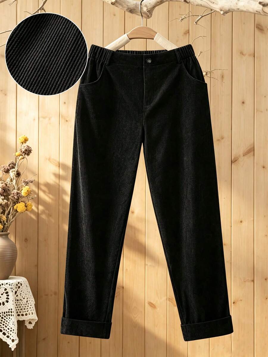 SHEIN Tall CURVE بنطال طويل كاجوال متعدد الاستخدامات للسفر اليومي للنساء بمقاسات كبيرة مع جيوب وأزرار للخريف - الأسود - مشاهدة 1