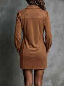 LUMIGAL Women's Autumn/Winter Stand Collar Button Decor Long Dress With Half-Open V-Neck, Lantern Sleeves, Metal Buttons, Straight Loose Short Dress - Brown - View 2