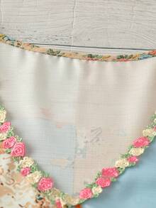 SHEIN LUNE CURVE 女款大尺碼波希米亞風 1920 年代復古拼接碎花 V 領荷葉邊修身襯衫，3/4 袖，度假休閒米色 - 杏色 - 查看 4